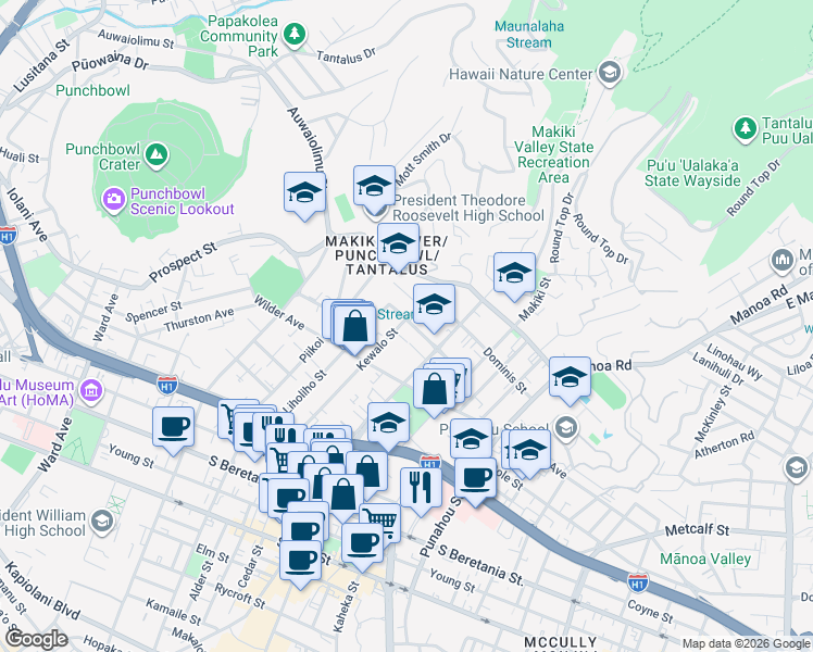 map of restaurants, bars, coffee shops, grocery stores, and more near 1669 Kewalo Street in Honolulu