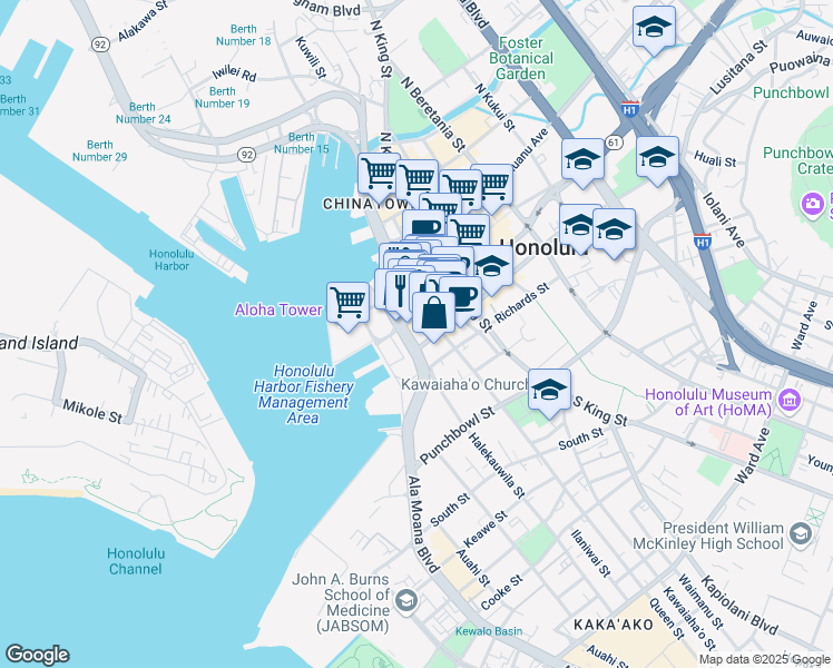 map of restaurants, bars, coffee shops, grocery stores, and more near 700 Bishop Street in Honolulu