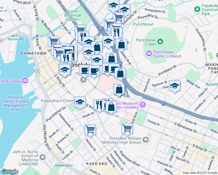 map of restaurants, bars, coffee shops, grocery stores, and more near 1236 Lauhala Street in Honolulu