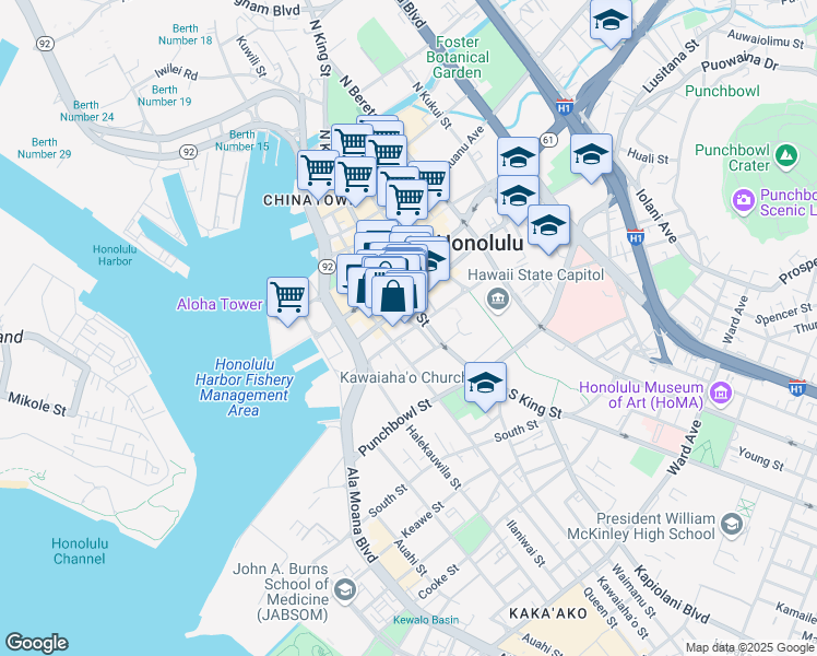 map of restaurants, bars, coffee shops, grocery stores, and more near 195 South King Street in Honolulu