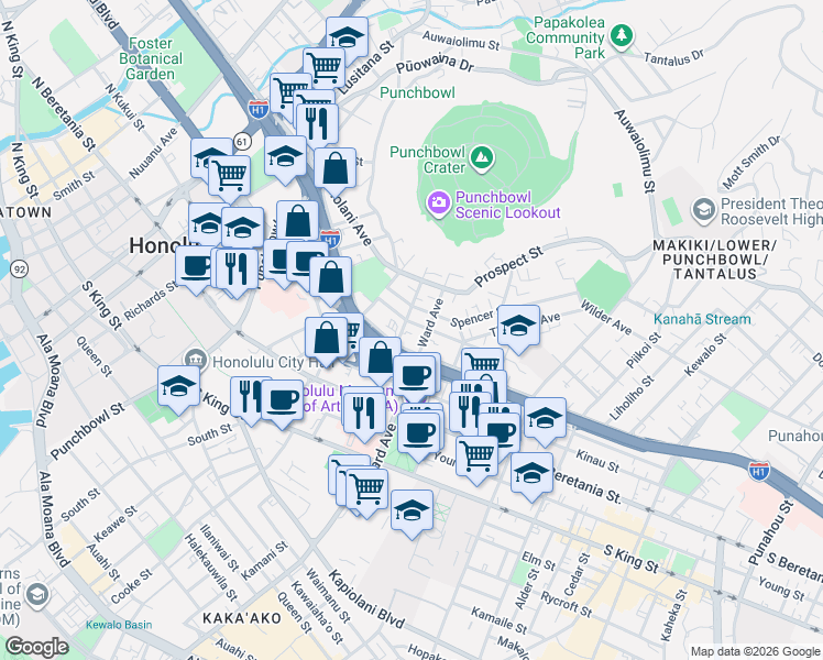 map of restaurants, bars, coffee shops, grocery stores, and more near 732 Green Street in Honolulu