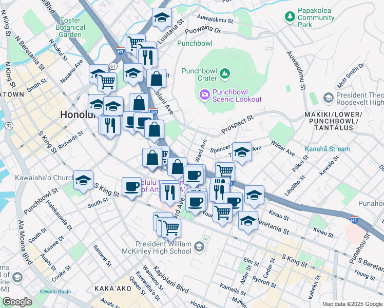 map of restaurants, bars, coffee shops, grocery stores, and more near 1423 Emerson Street in Honolulu