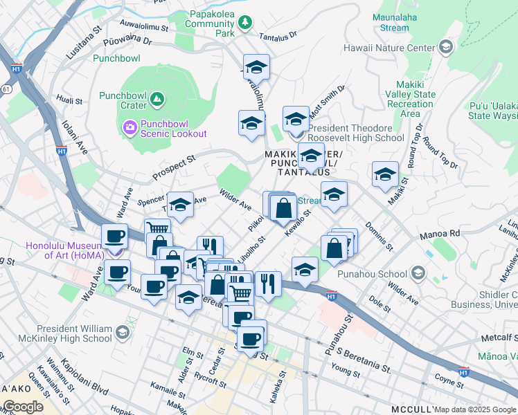 map of restaurants, bars, coffee shops, grocery stores, and more near 1623 Pensacola Street in Honolulu