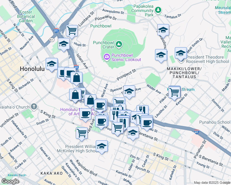 map of restaurants, bars, coffee shops, grocery stores, and more near 948 Spencer Street in Honolulu