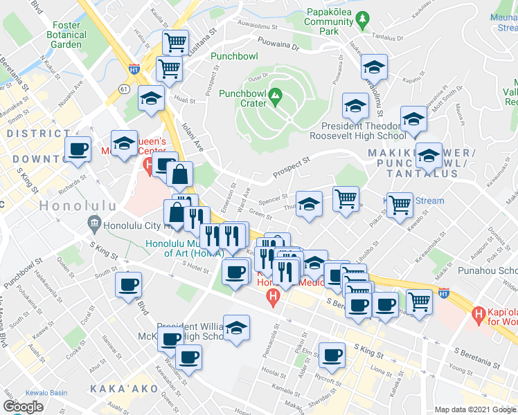 map of restaurants, bars, coffee shops, grocery stores, and more near 948 Spencer Street in Honolulu