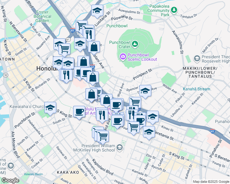 map of restaurants, bars, coffee shops, grocery stores, and more near 732 Green Street in Honolulu