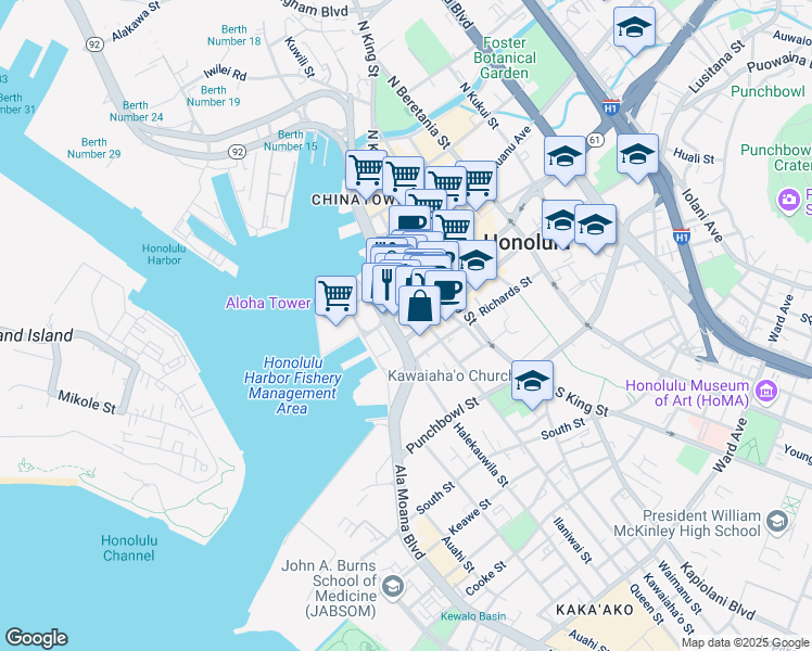 map of restaurants, bars, coffee shops, grocery stores, and more near 733 Bishop Street in Honolulu