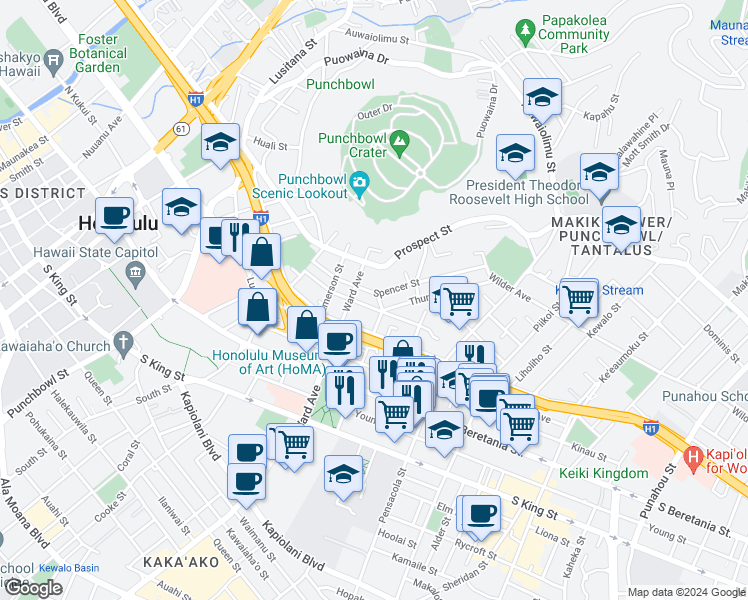 map of restaurants, bars, coffee shops, grocery stores, and more near 1442 Victoria Street in Honolulu