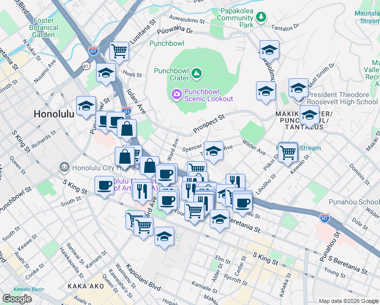 map of restaurants, bars, coffee shops, grocery stores, and more near 948 Spencer Street in Honolulu