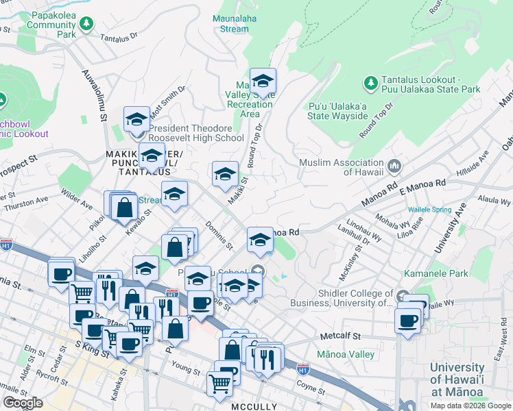 map of restaurants, bars, coffee shops, grocery stores, and more near 1525 Oneele Place in Honolulu