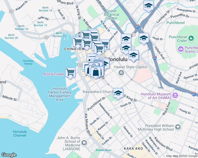 map of restaurants, bars, coffee shops, grocery stores, and more near 195 South King Street in Honolulu