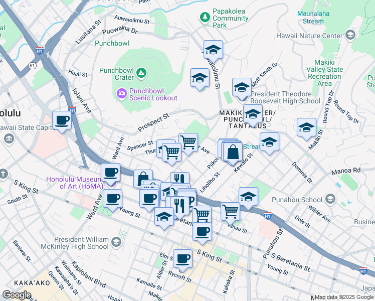 map of restaurants, bars, coffee shops, grocery stores, and more near 1088 Karratti Lane in Honolulu