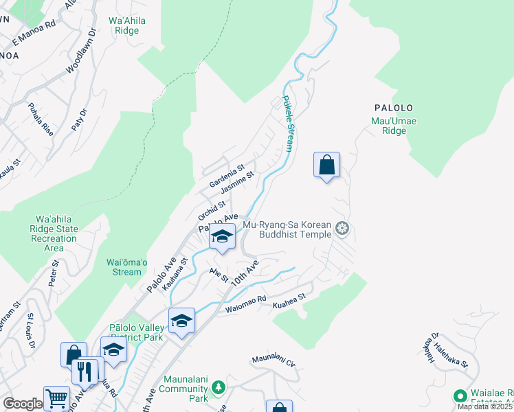 map of restaurants, bars, coffee shops, grocery stores, and more near 2541 Ipulei Way in Honolulu