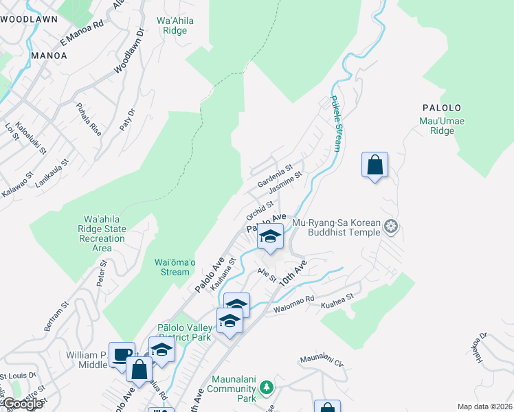 map of restaurants, bars, coffee shops, grocery stores, and more near 3416 Ginger Street in Honolulu
