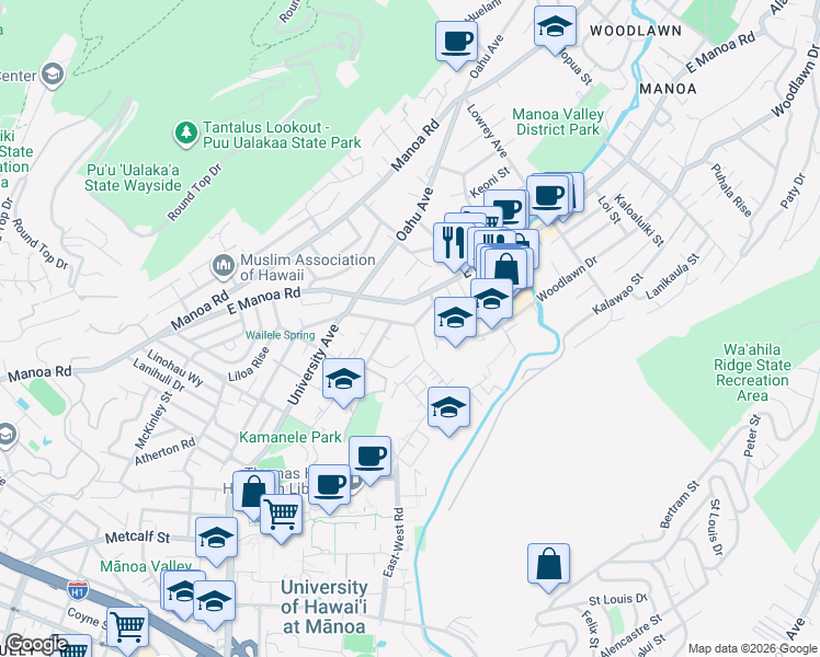 map of restaurants, bars, coffee shops, grocery stores, and more near 2517 Pamoa Road in Honolulu