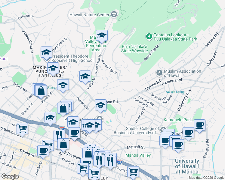 map of restaurants, bars, coffee shops, grocery stores, and more near 1510 Ualakaa Place in Honolulu