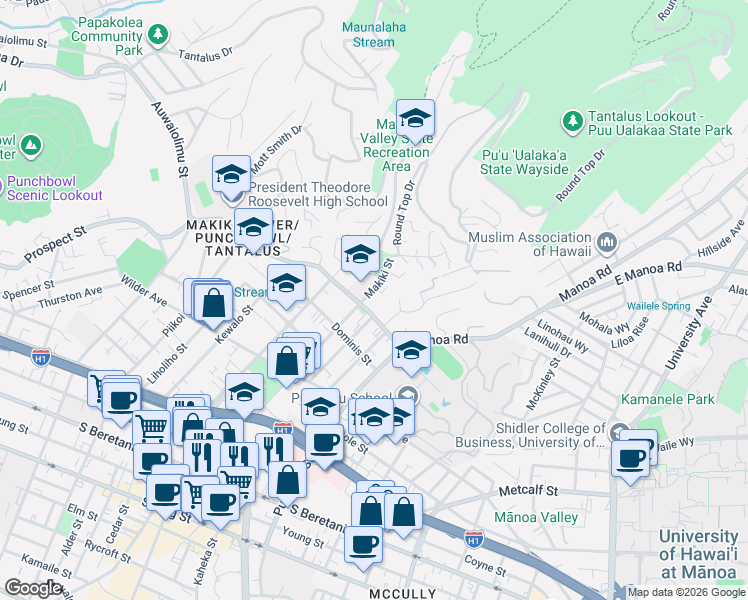 map of restaurants, bars, coffee shops, grocery stores, and more near 1922 Makiki Street in Honolulu