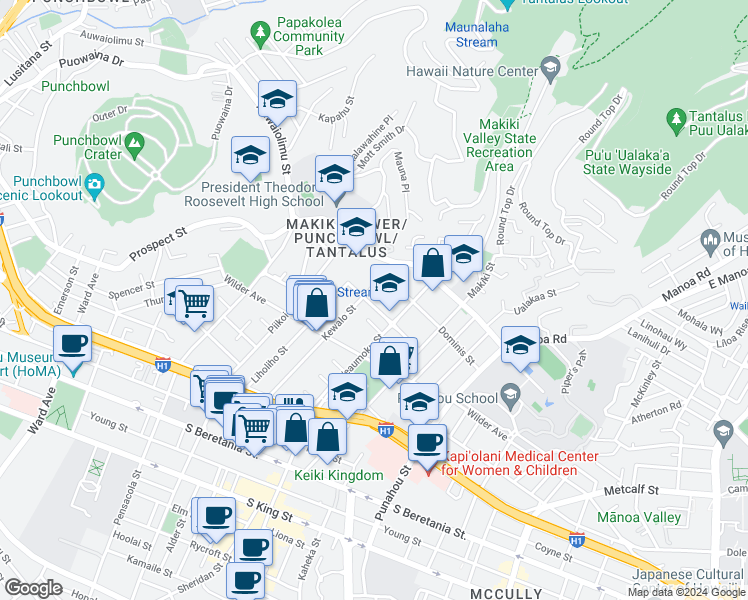 map of restaurants, bars, coffee shops, grocery stores, and more near 1702 Kewalo Street in Honolulu