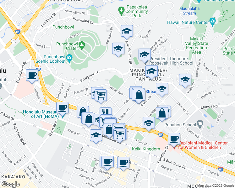 map of restaurants, bars, coffee shops, grocery stores, and more near 1623 Pensacola Street in Honolulu