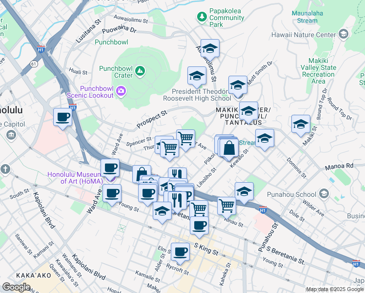 map of restaurants, bars, coffee shops, grocery stores, and more near 1589 Thurston Avenue in Honolulu