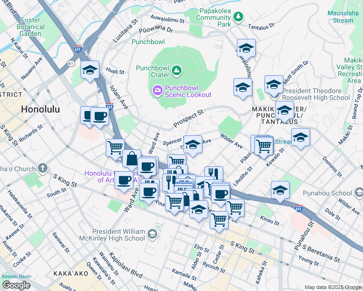 map of restaurants, bars, coffee shops, grocery stores, and more near 1011 Spencer Street in Honolulu