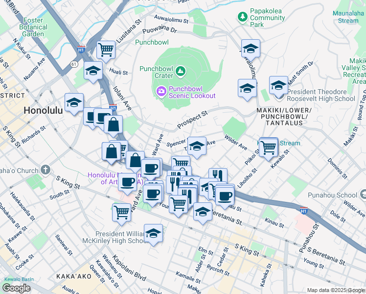 map of restaurants, bars, coffee shops, grocery stores, and more near 948 Spencer Street in Honolulu
