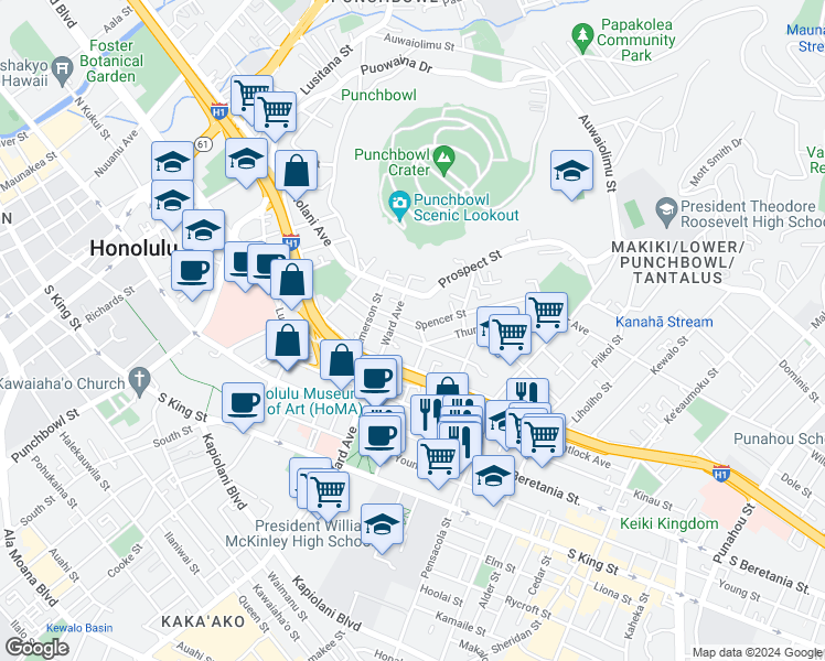 map of restaurants, bars, coffee shops, grocery stores, and more near in Honolulu