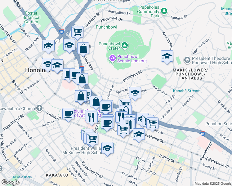 map of restaurants, bars, coffee shops, grocery stores, and more near 927 Spencer Street in Honolulu