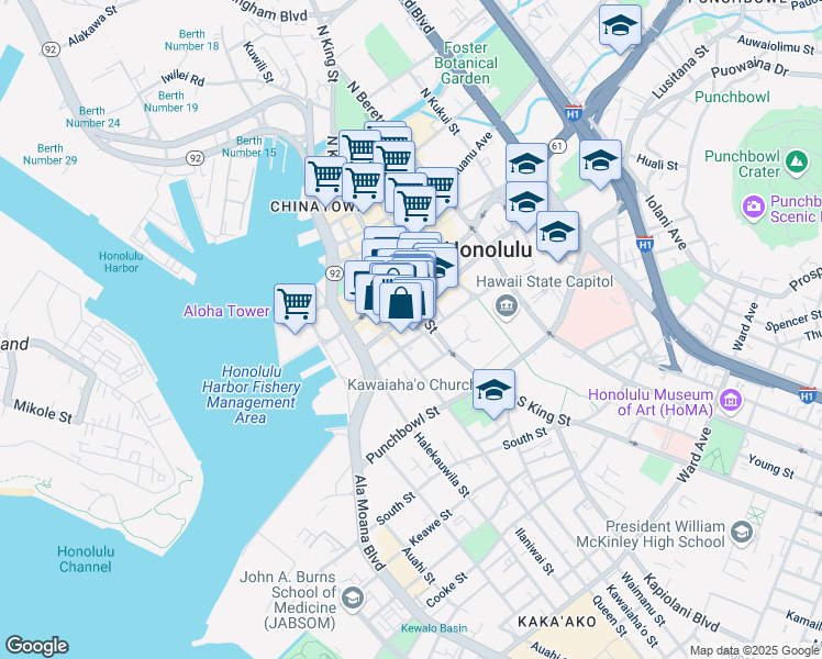 map of restaurants, bars, coffee shops, grocery stores, and more near 195 South King Street in Honolulu