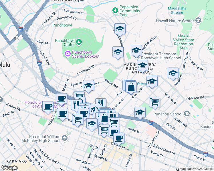 map of restaurants, bars, coffee shops, grocery stores, and more near 1589 Thurston Avenue in Honolulu