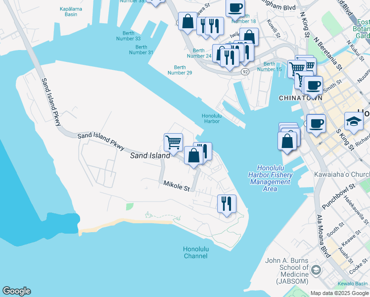 map of restaurants, bars, coffee shops, grocery stores, and more near 400 Sand Island Parkway in Honolulu