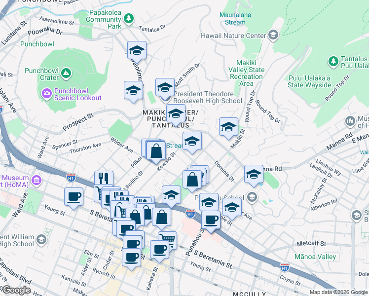 map of restaurants, bars, coffee shops, grocery stores, and more near 1702 Kewalo Street in Honolulu