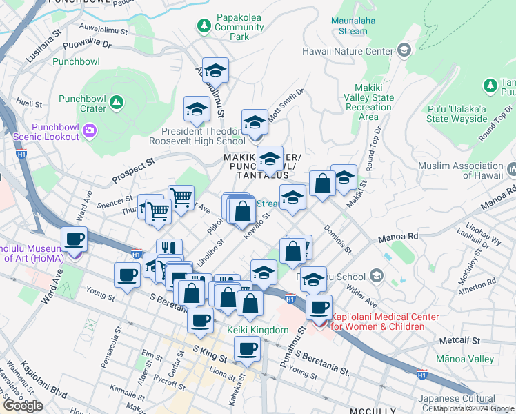 map of restaurants, bars, coffee shops, grocery stores, and more near 1654 Liholiho Street in Honolulu