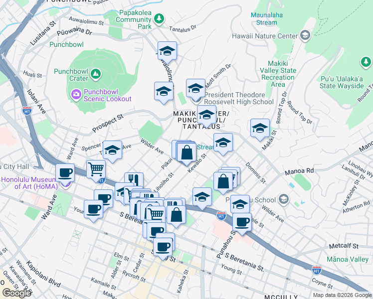map of restaurants, bars, coffee shops, grocery stores, and more near 1649 Mott Smith Drive in Honolulu