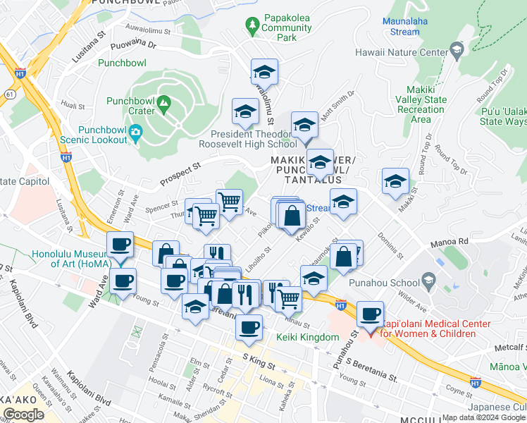 map of restaurants, bars, coffee shops, grocery stores, and more near 1623 Pensacola Street in Honolulu