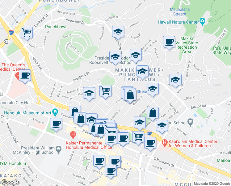map of restaurants, bars, coffee shops, grocery stores, and more near 1623 Pensacola Street in Honolulu