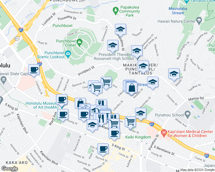 map of restaurants, bars, coffee shops, grocery stores, and more near 1589 Thurston Avenue in Honolulu