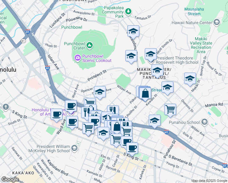 map of restaurants, bars, coffee shops, grocery stores, and more near 1589 Thurston Avenue in Honolulu