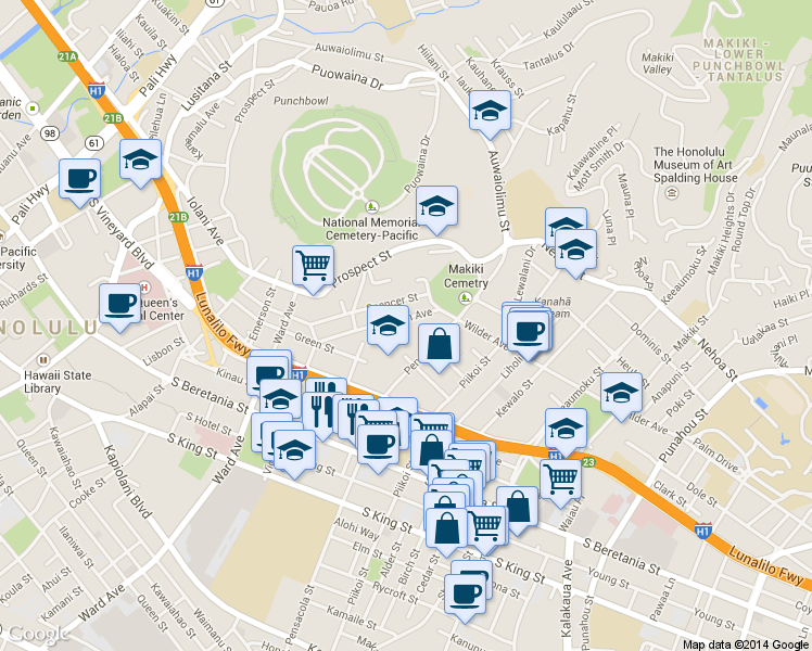 map of restaurants, bars, coffee shops, grocery stores, and more near 1560 Thurston Avenue in Honolulu