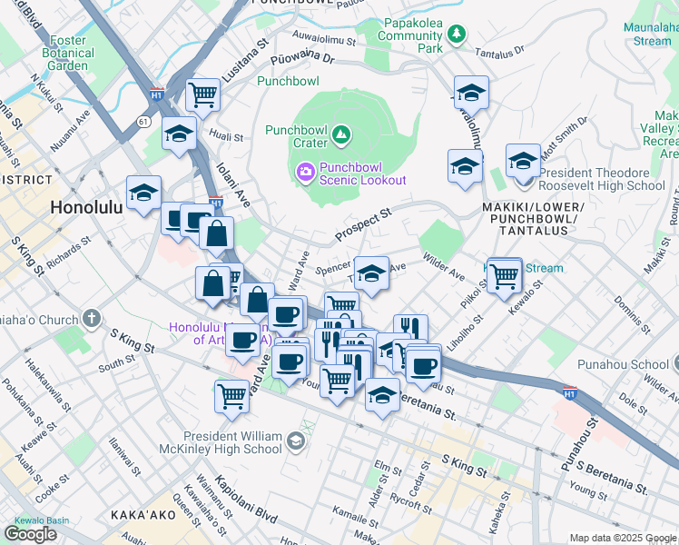 map of restaurants, bars, coffee shops, grocery stores, and more near 948 Spencer Street in Honolulu