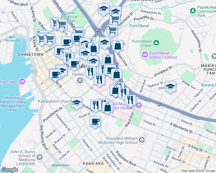 map of restaurants, bars, coffee shops, grocery stores, and more near 1236 Lauhala Street in Honolulu