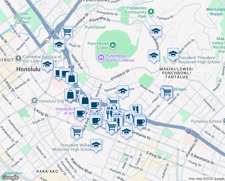 map of restaurants, bars, coffee shops, grocery stores, and more near 1456 Thurston Avenue in Honolulu