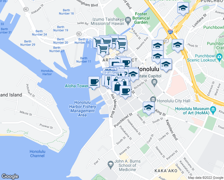 map of restaurants, bars, coffee shops, grocery stores, and more near 733 Bishop Street in Honolulu