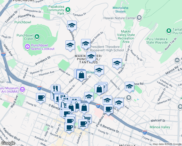 map of restaurants, bars, coffee shops, grocery stores, and more near 1702 Kewalo Street in Honolulu