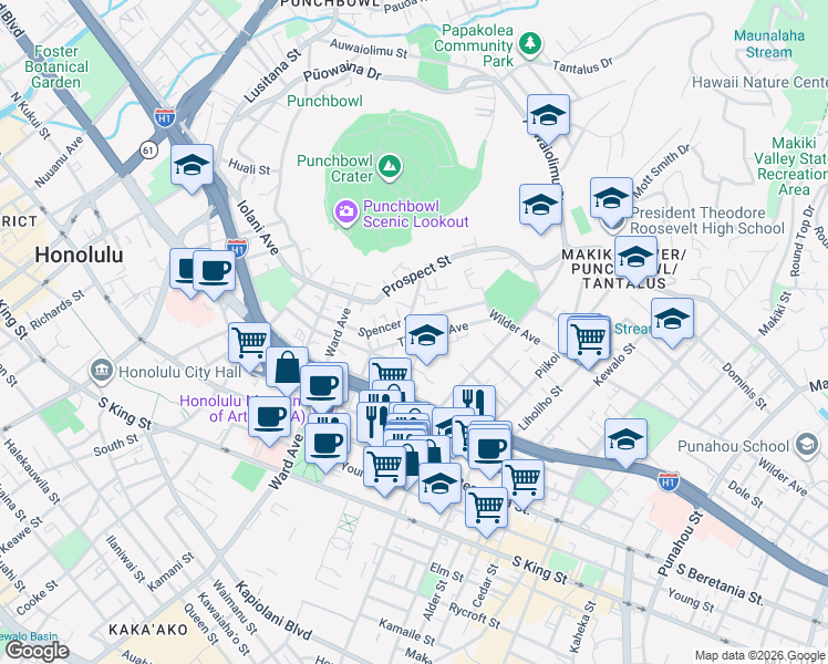 map of restaurants, bars, coffee shops, grocery stores, and more near 1011 Spencer Street in Honolulu