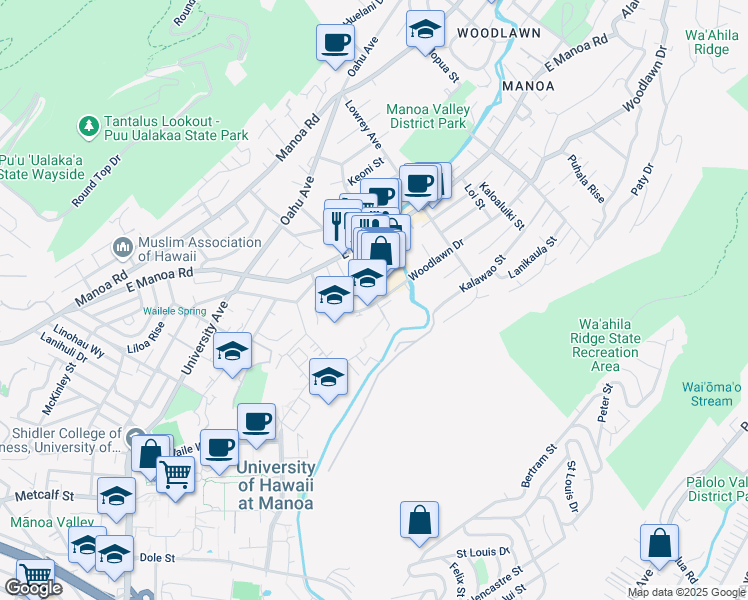 map of restaurants, bars, coffee shops, grocery stores, and more near 2728 Woodlawn Drive in Honolulu
