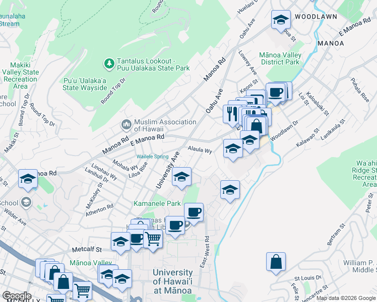 map of restaurants, bars, coffee shops, grocery stores, and more near 2509 Alaula Way in Honolulu