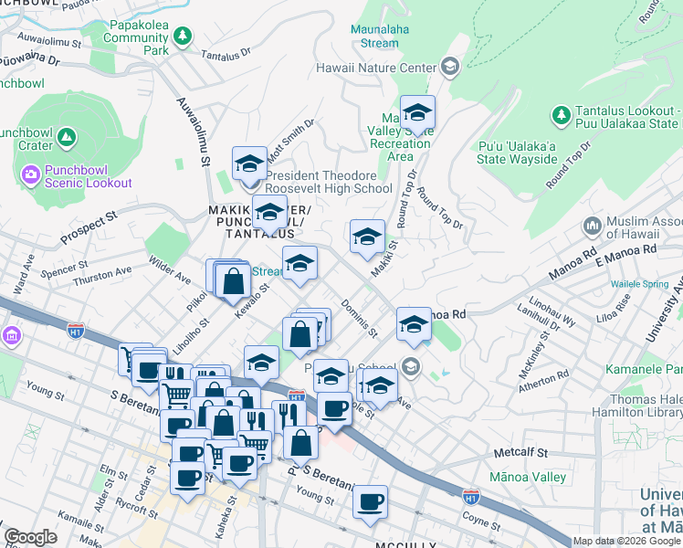 map of restaurants, bars, coffee shops, grocery stores, and more near 1408A Nehoa Street in Honolulu