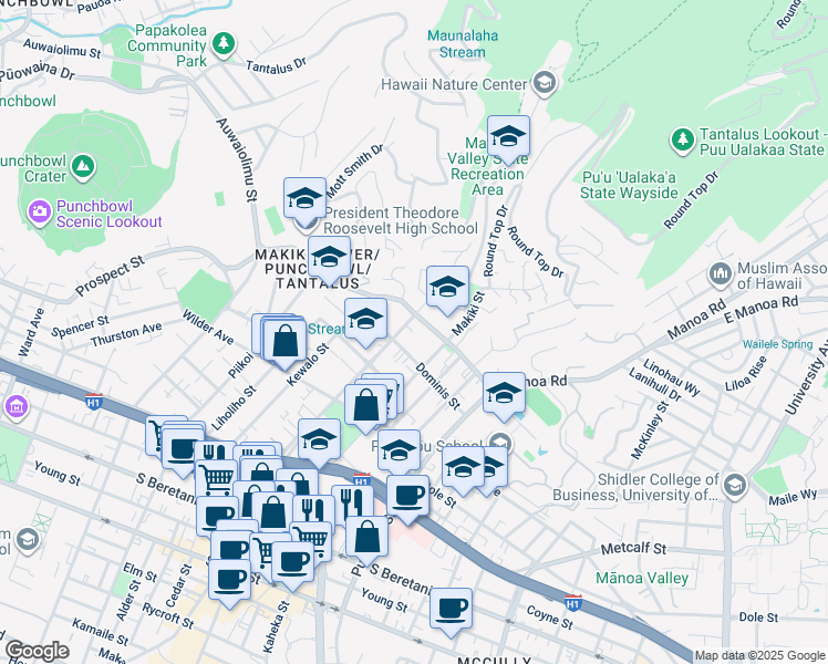map of restaurants, bars, coffee shops, grocery stores, and more near 1408A Nehoa Street in Honolulu