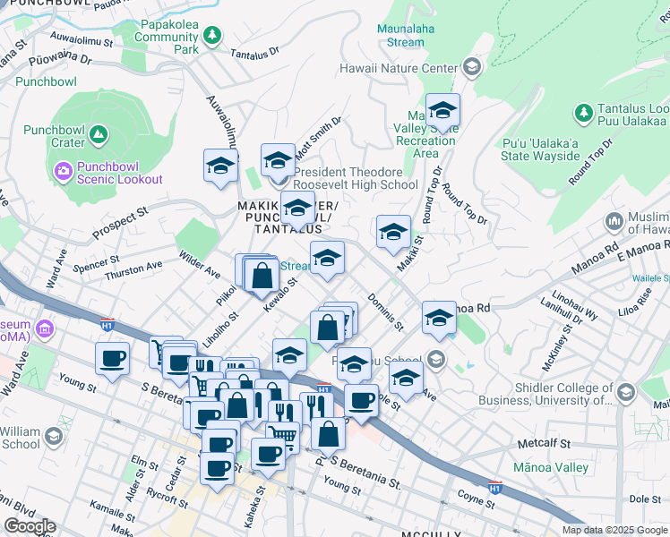 map of restaurants, bars, coffee shops, grocery stores, and more near 1330 Dominis Street in Honolulu